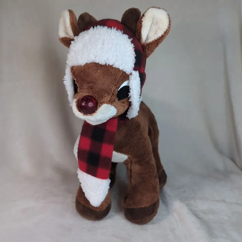 Rudolph The Red Nose Reindeer 14 in. Plaid Hunter Hat/Scarf Plush DanDee